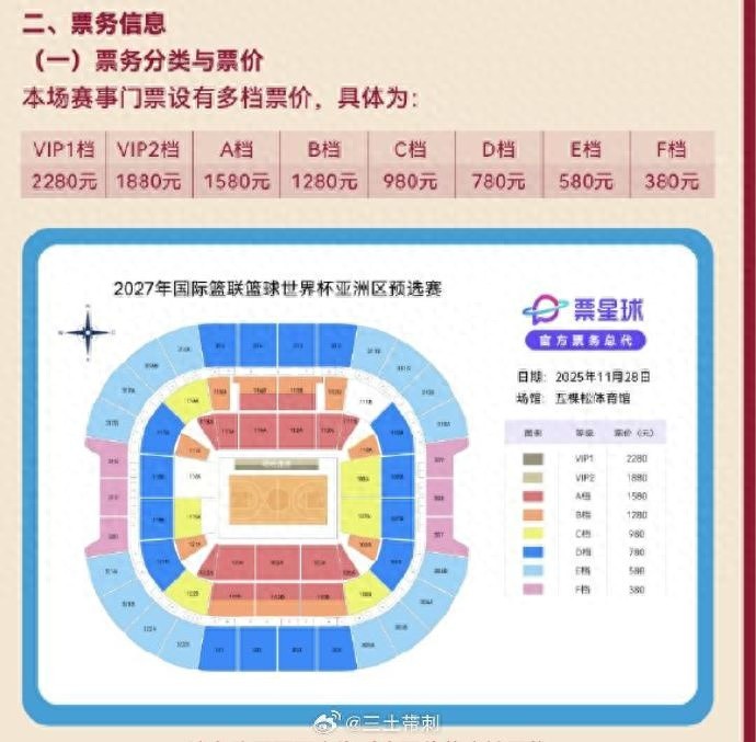 男篮世预赛VS韩国队票价出炉：最便宜380元 最高2280元