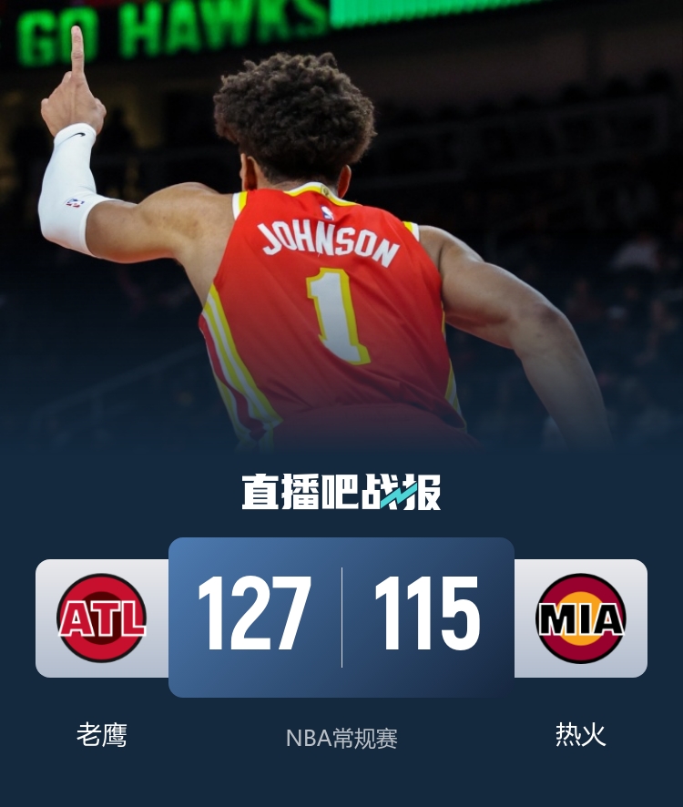 老鹰轻取热火 约翰逊29+11+11 麦科勒姆26分 阿德巴约16中4