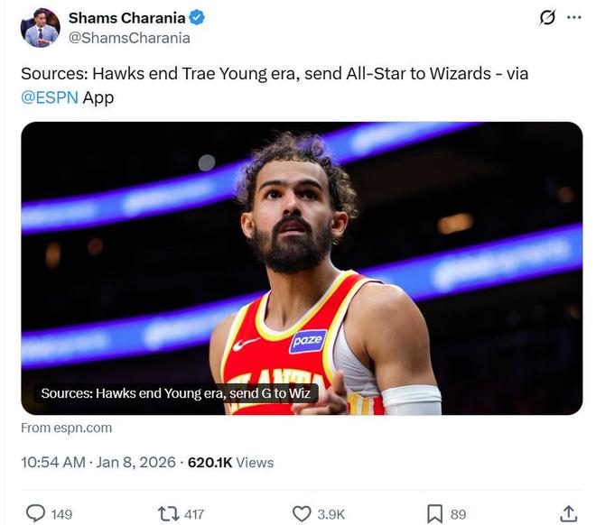 2换1双赢交易达成!特雷杨赴奇才一箭双雕 老鹰腾空间全力追浓眉