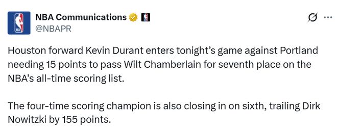 只差15分了!杜兰特将超越张伯伦升至历史第7 队友期待见证里程碑