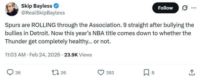 轰21+17+4+6帽,文班掀翻联盟第一破纪录!马刺时隔7年再拿9连胜