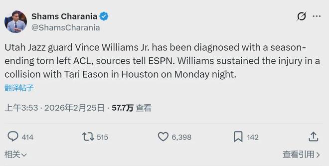 赛季报销!左膝十字韧带撕裂!NBA生涯即将结束