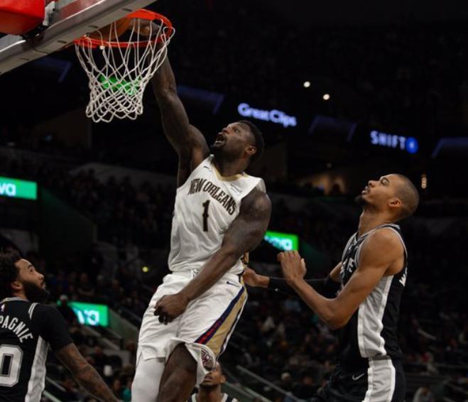 锡安两双力挽狂澜,文班亚马空砍16+16+4封盖,马刺不敌西部倒一